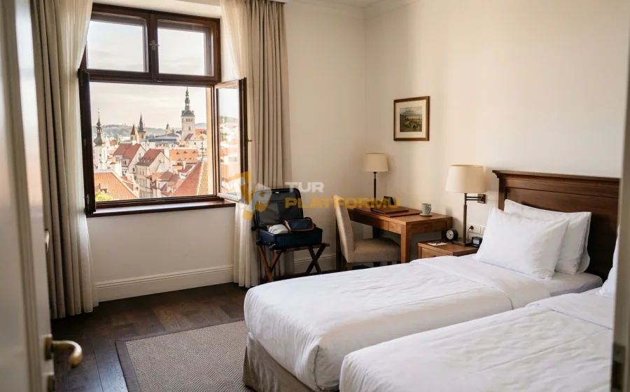 Avrupa turlarında iki yataklı standart twin otel odası ve şehir manzarası